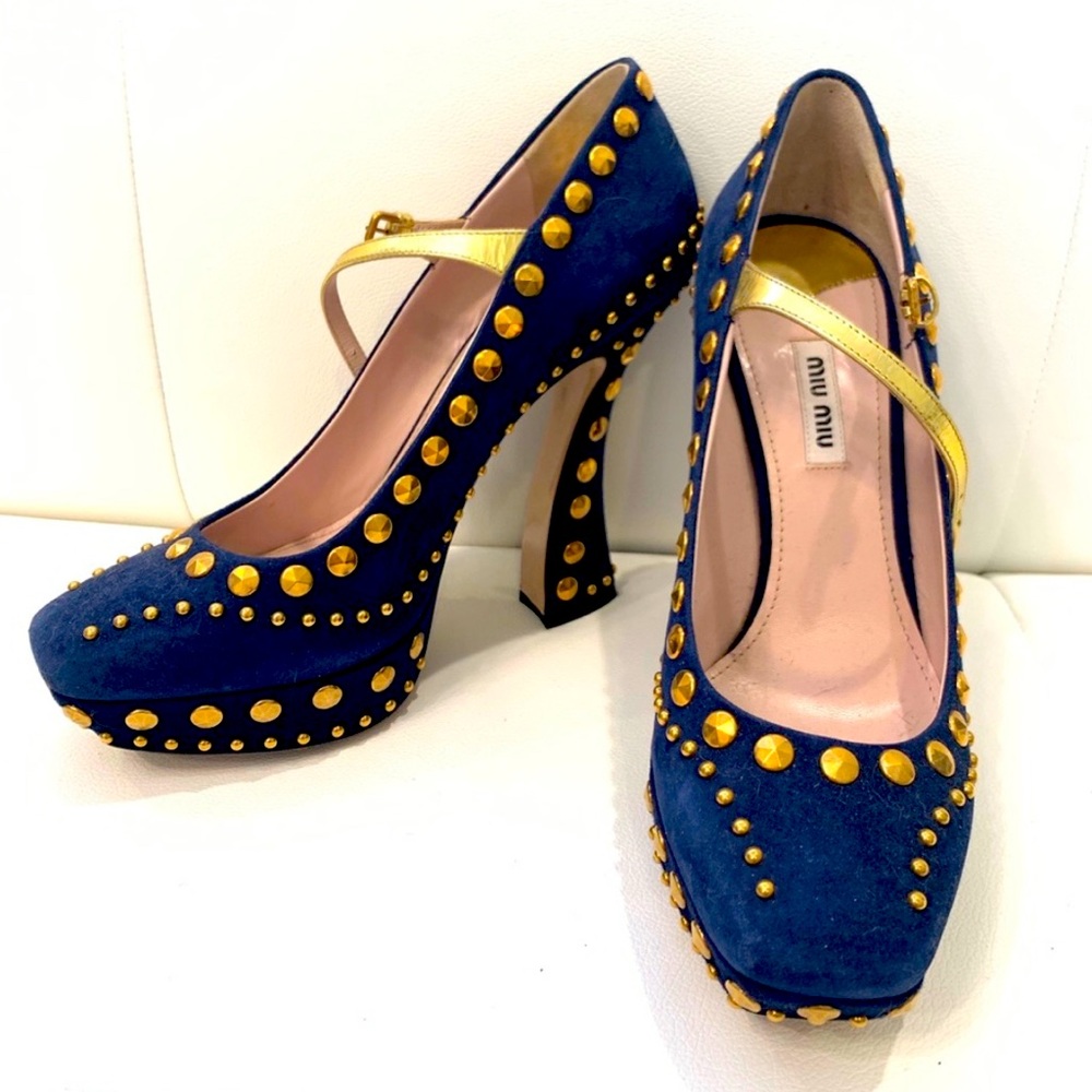 MIU MIU Studded Navy Blue Suede Shoe Sz 40.5
